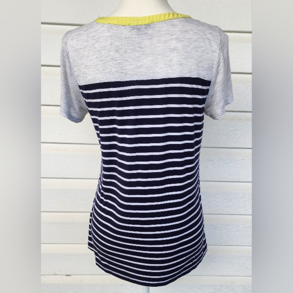 Anthro Skies Are Blue Navy and Gray Striped Tee with Yellow Accent! - Picture 4 of 10